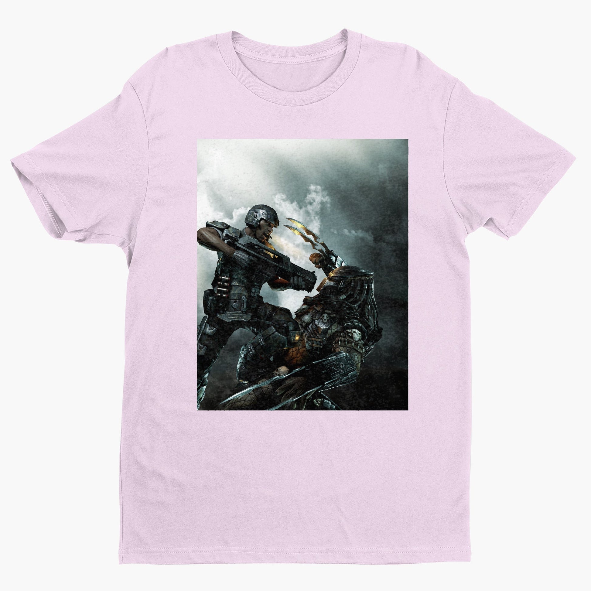 Aliens vs. Predator marketing art by Mike Man tee — light pink unisex t-shirt, front view