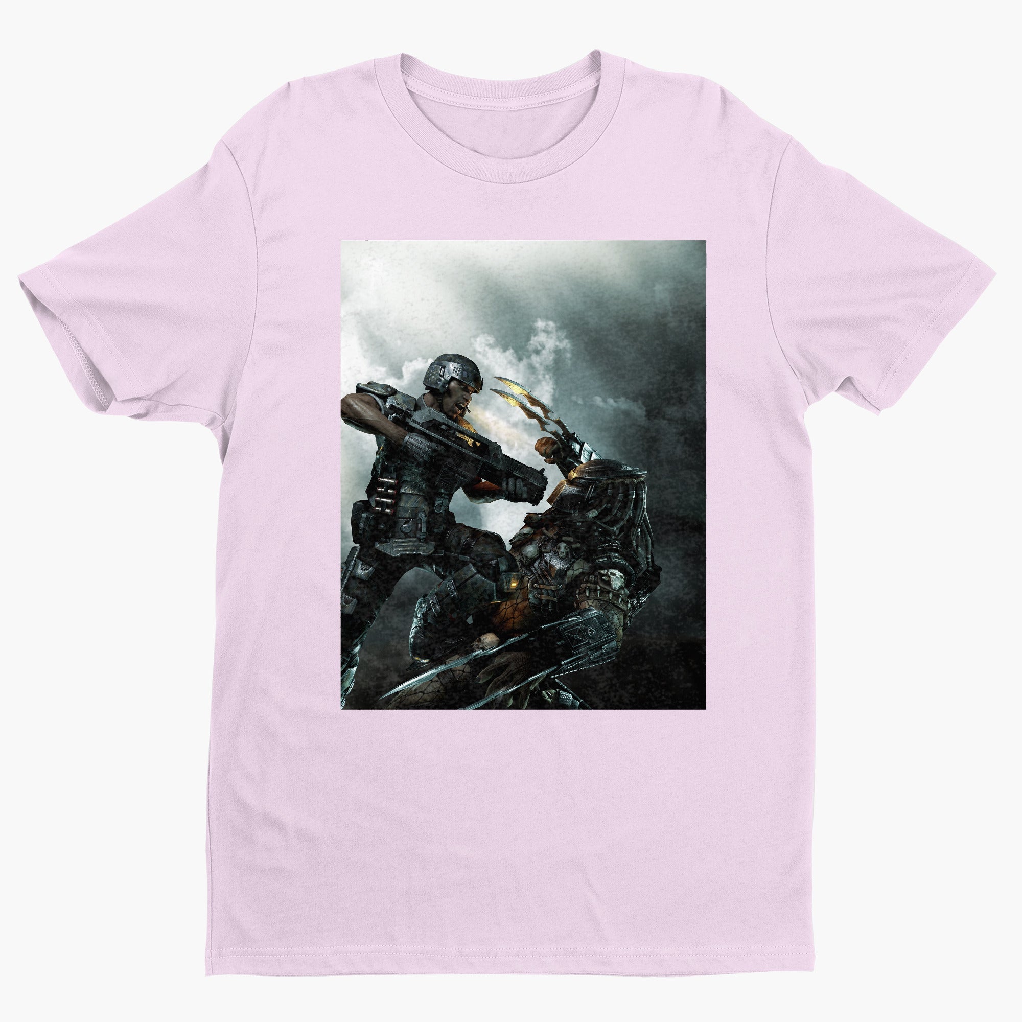 Aliens vs. Predator marketing art by Mike Man tee — light pink unisex t-shirt, front view