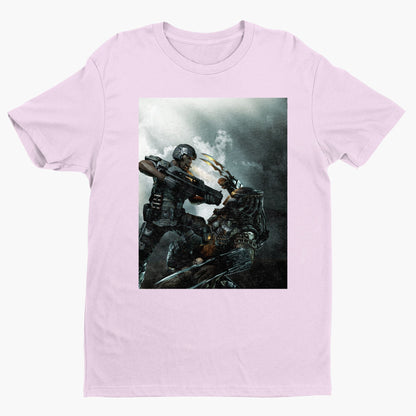 Aliens vs. Predator marketing art by Mike Man tee — light pink unisex t-shirt, front view