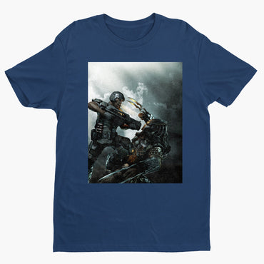 Aliens vs. Predator marketing art by Mike Man tee — navy unisex t-shirt, front view