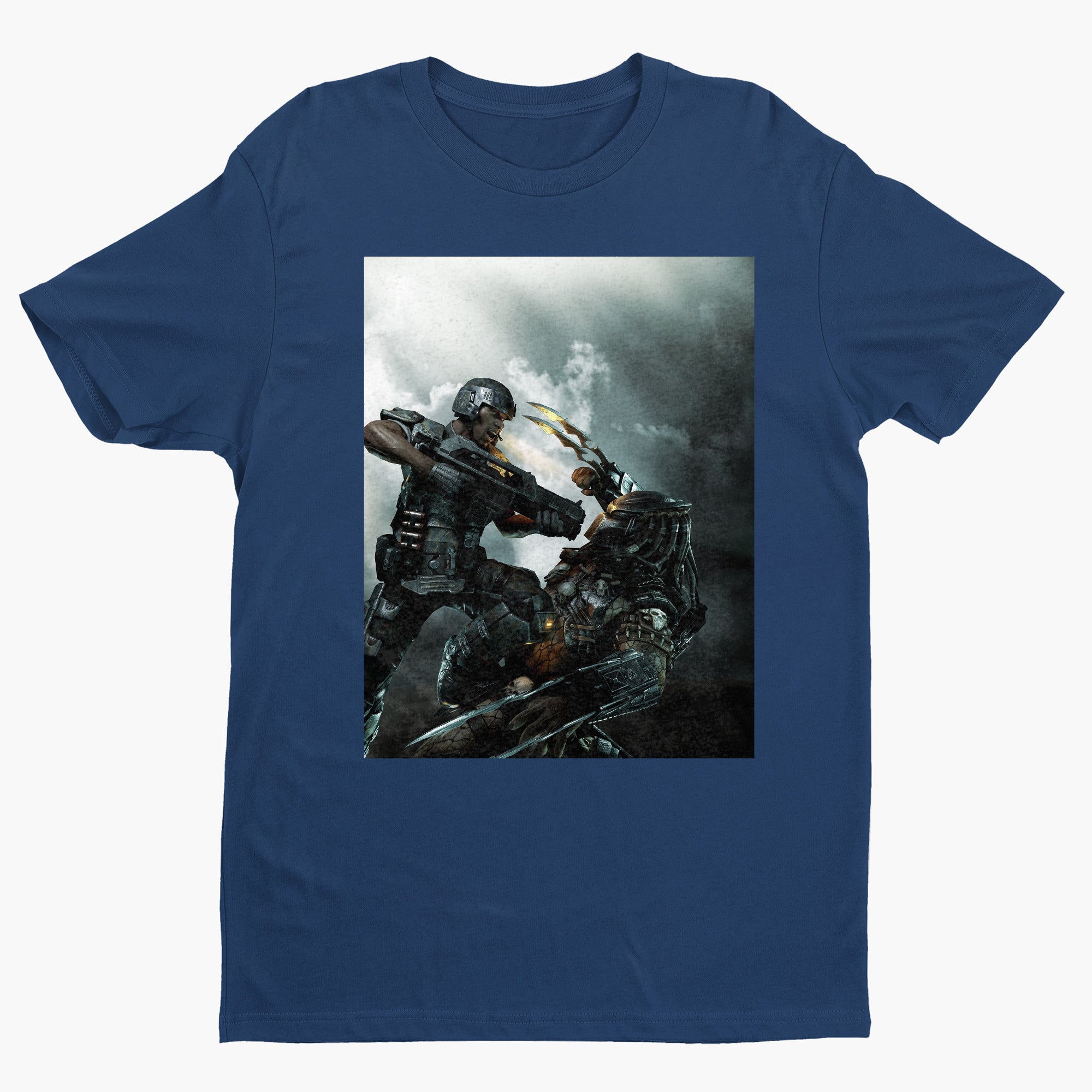 Aliens vs. Predator marketing art by Mike Man tee — navy unisex t-shirt, front view
