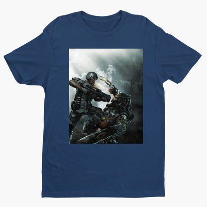 Aliens vs. Predator marketing art by Mike Man tee — navy unisex t-shirt, front view