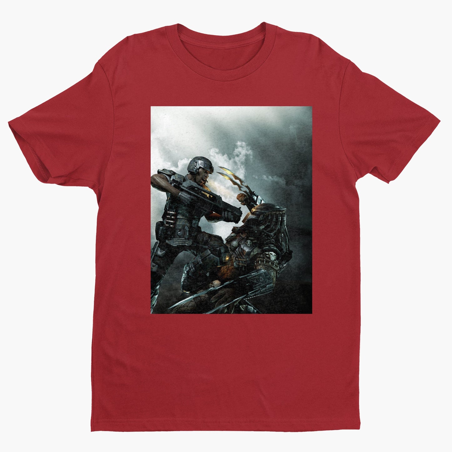 Aliens vs. Predator marketing art by Mike Man tee — red unisex t-shirt, front view