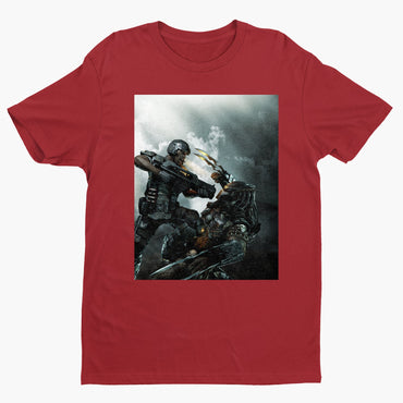 Aliens vs. Predator marketing art by Mike Man tee — red unisex t-shirt, front view