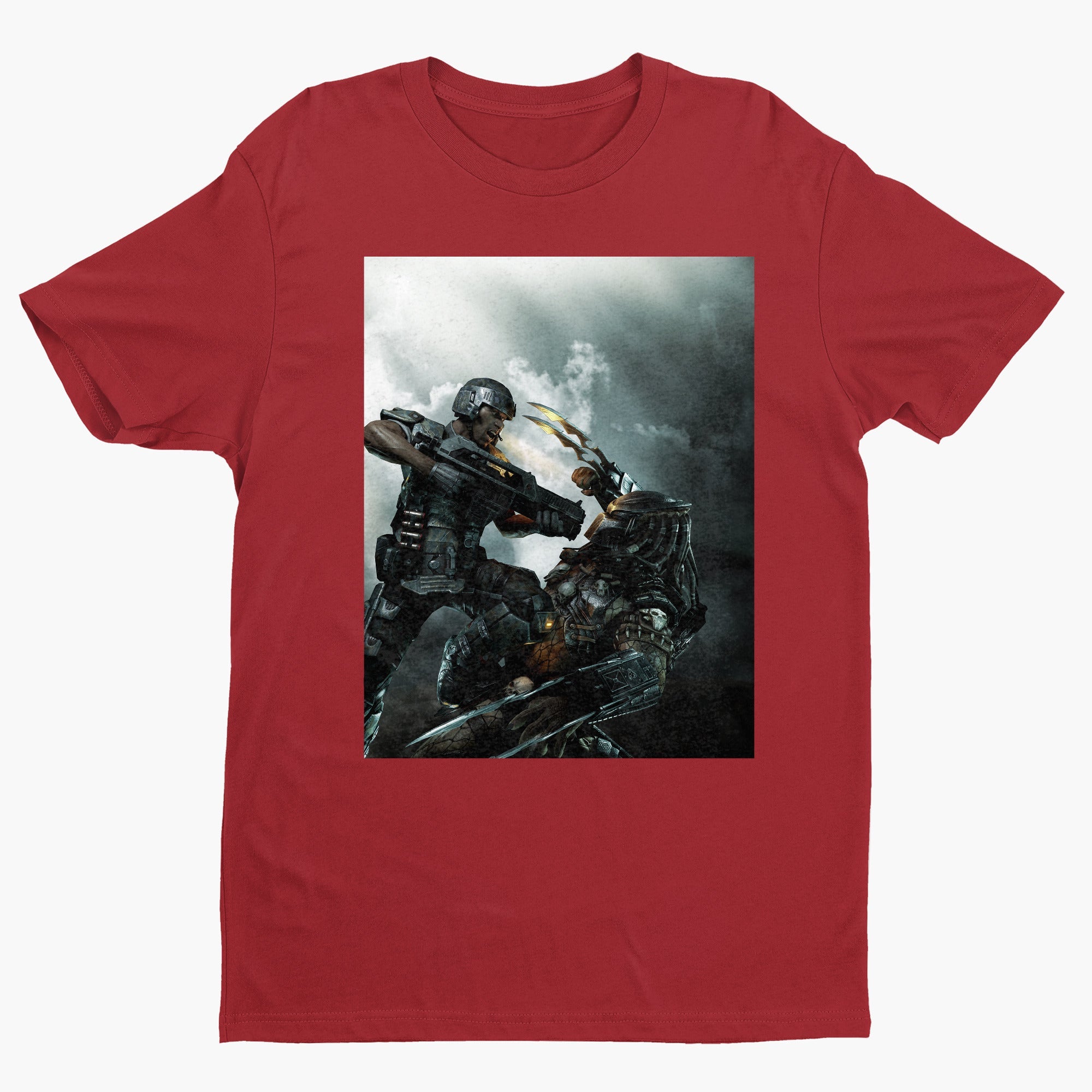 Aliens vs. Predator marketing art by Mike Man tee — red unisex t-shirt, front view