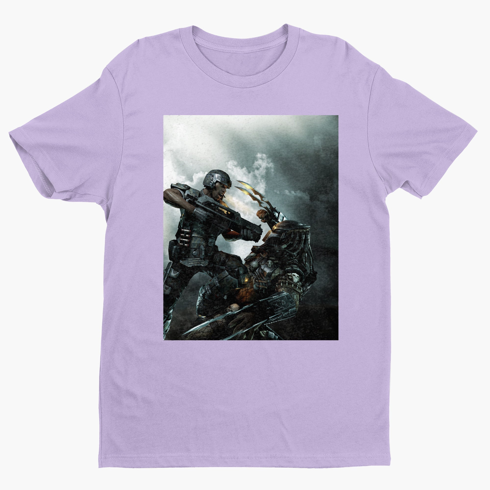 Aliens vs. Predator marketing art by Mike Man tee — violet unisex t-shirt, front view