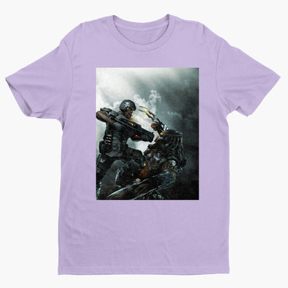 Aliens vs. Predator marketing art by Mike Man tee — violet unisex t-shirt, front view