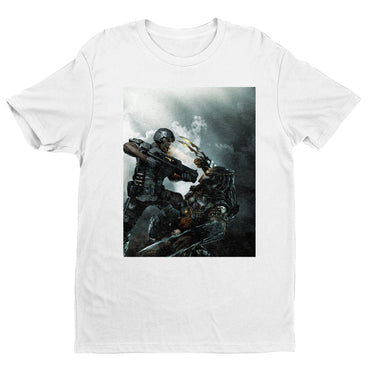 Aliens vs. Predator marketing art by Mike Man tee — white unisex t-shirt, front view