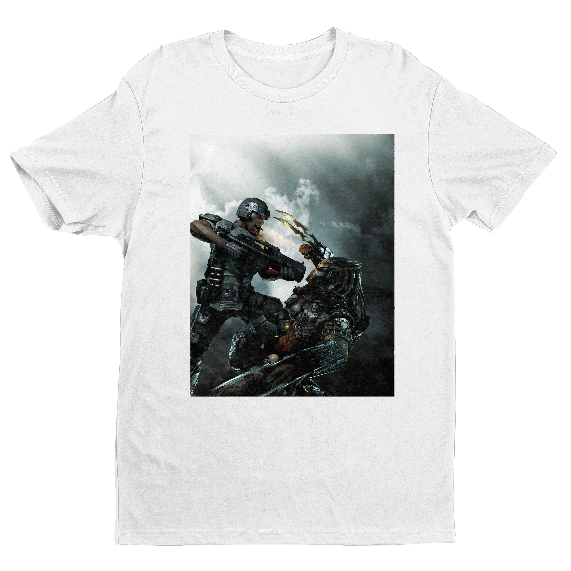 Aliens vs. Predator marketing art by Mike Man tee — white unisex t-shirt, front view