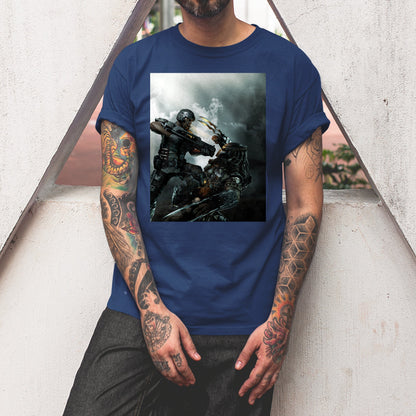 Aliens vs. Predator marketing art by Mike Man tee worn by a model, navy