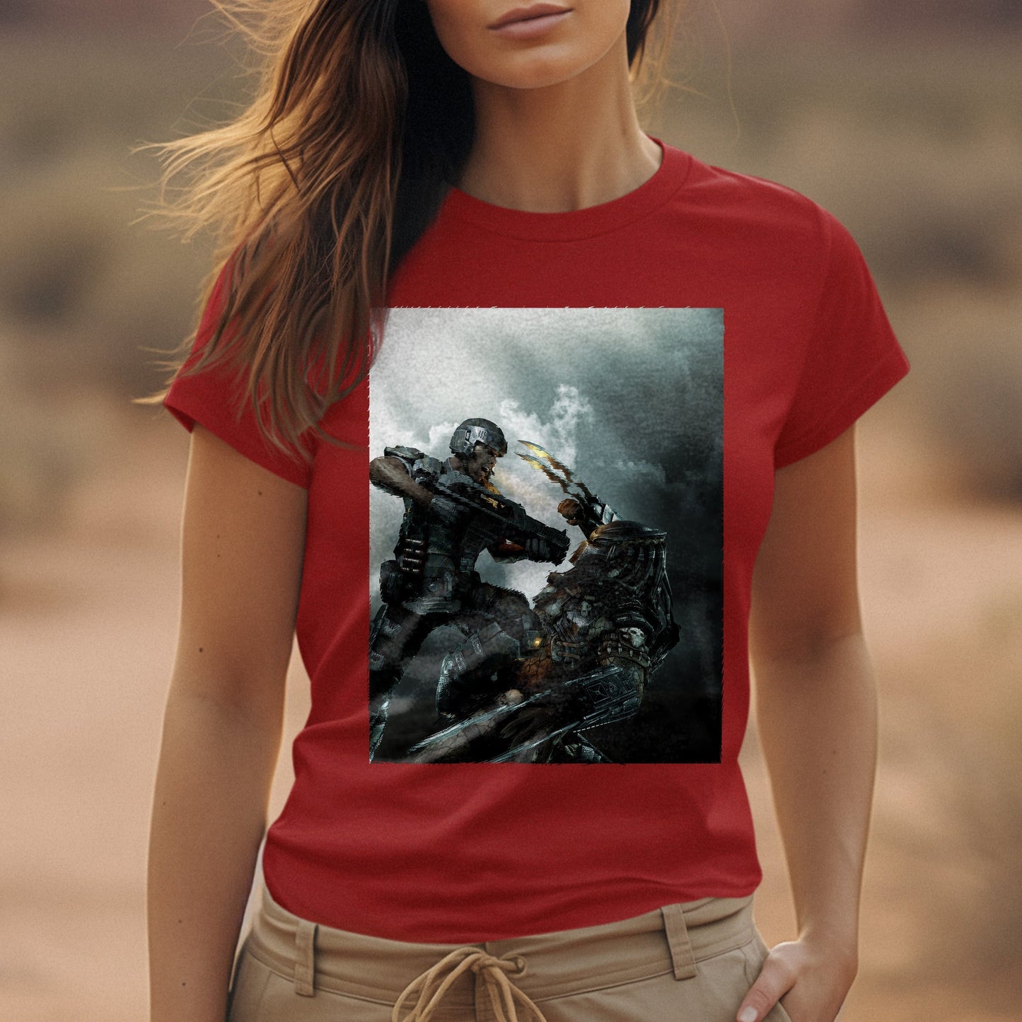 Aliens vs. Predator marketing art by Mike Man tee worn by a model, red