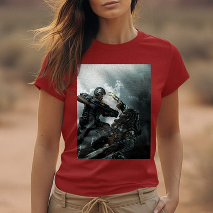 Aliens vs. Predator marketing art by Mike Man tee worn by a model, red