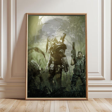 Aliens vs. Predator 2010 predator promo art in a light oak frame leaning against a white wall