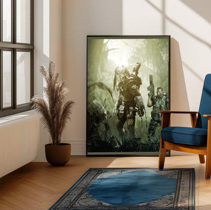Aliens vs. Predator 2010 predator promo art framed beside a blue armchair in a sunlit room