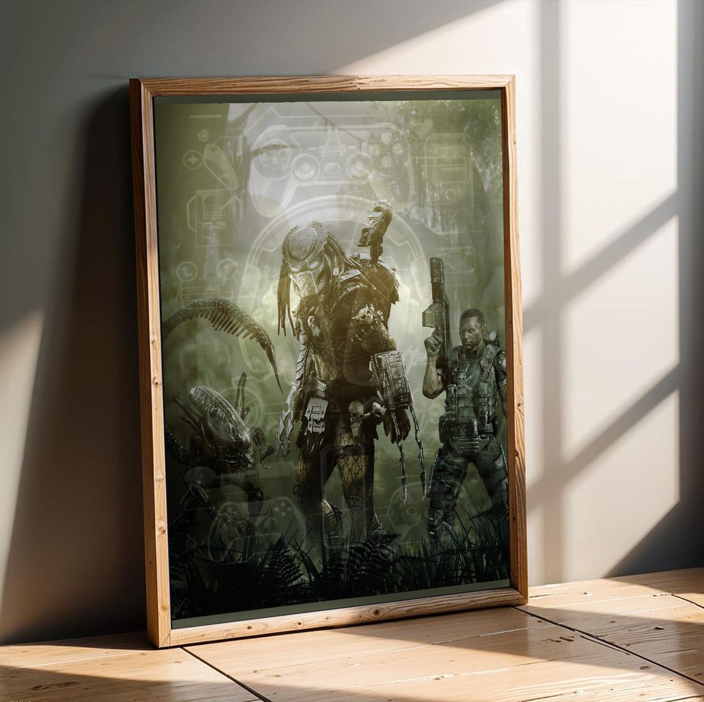 Aliens vs. Predator 2010 predator promo art in an oak frame leaning on a wooden floor