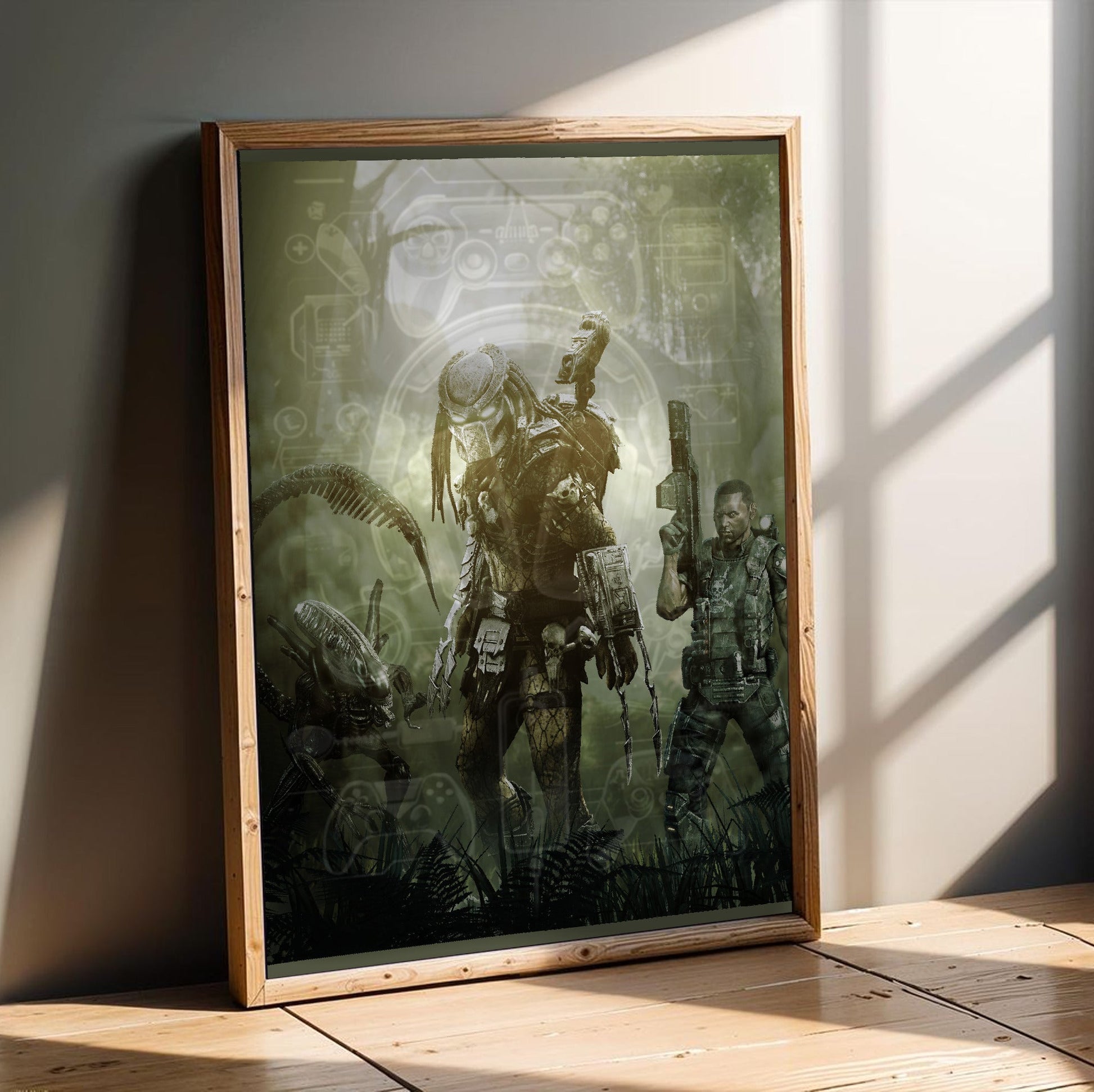Aliens vs. Predator 2010 predator promo art in an oak frame leaning on a wooden floor