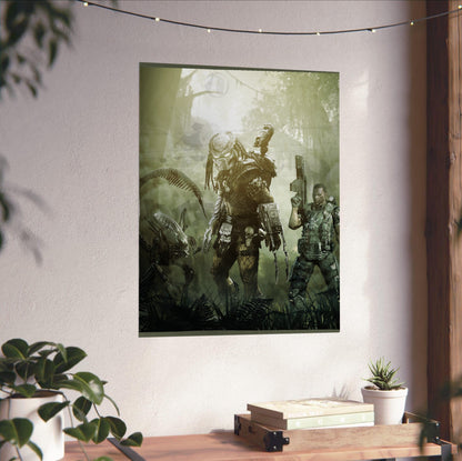 Aliens vs. Predator 2010 predator promo art unframed on a white wall above a desk