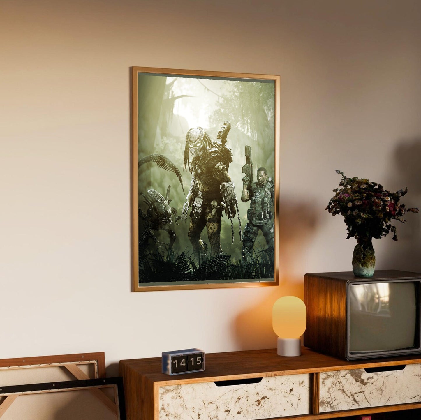 Aliens vs. Predator 2010 predator promo art in an oak frame above a sideboard