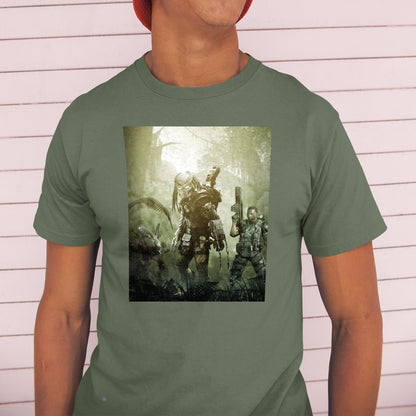 Aliens vs. Predator predator promo art tee worn by a model in a cap, green