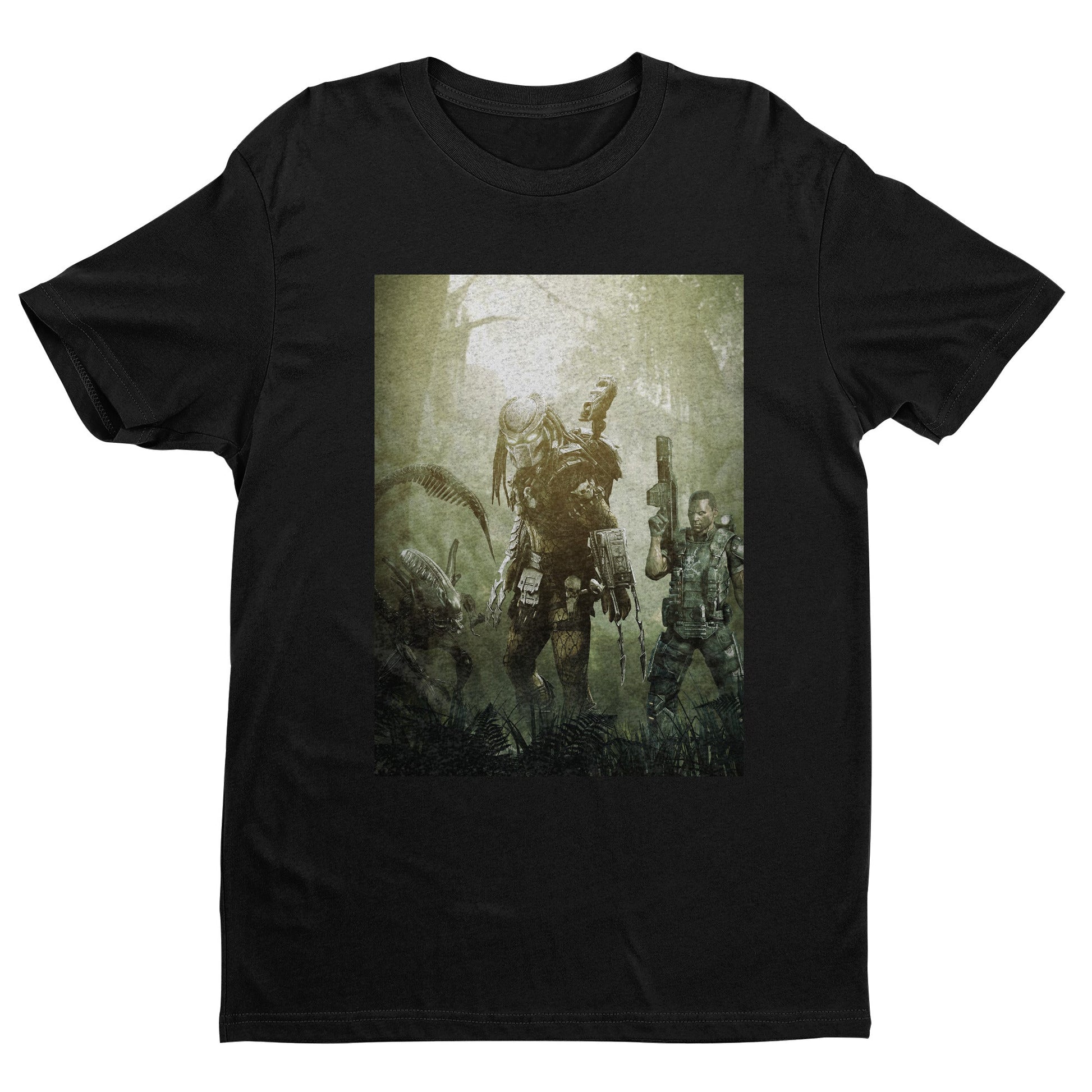 Aliens vs. Predator predator promo art tee — black unisex t-shirt, front view