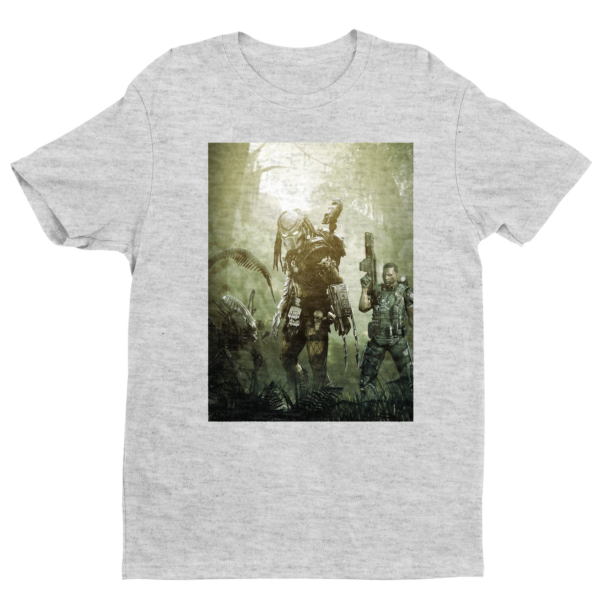 Aliens vs. Predator predator promo art tee — gray unisex t-shirt, front view