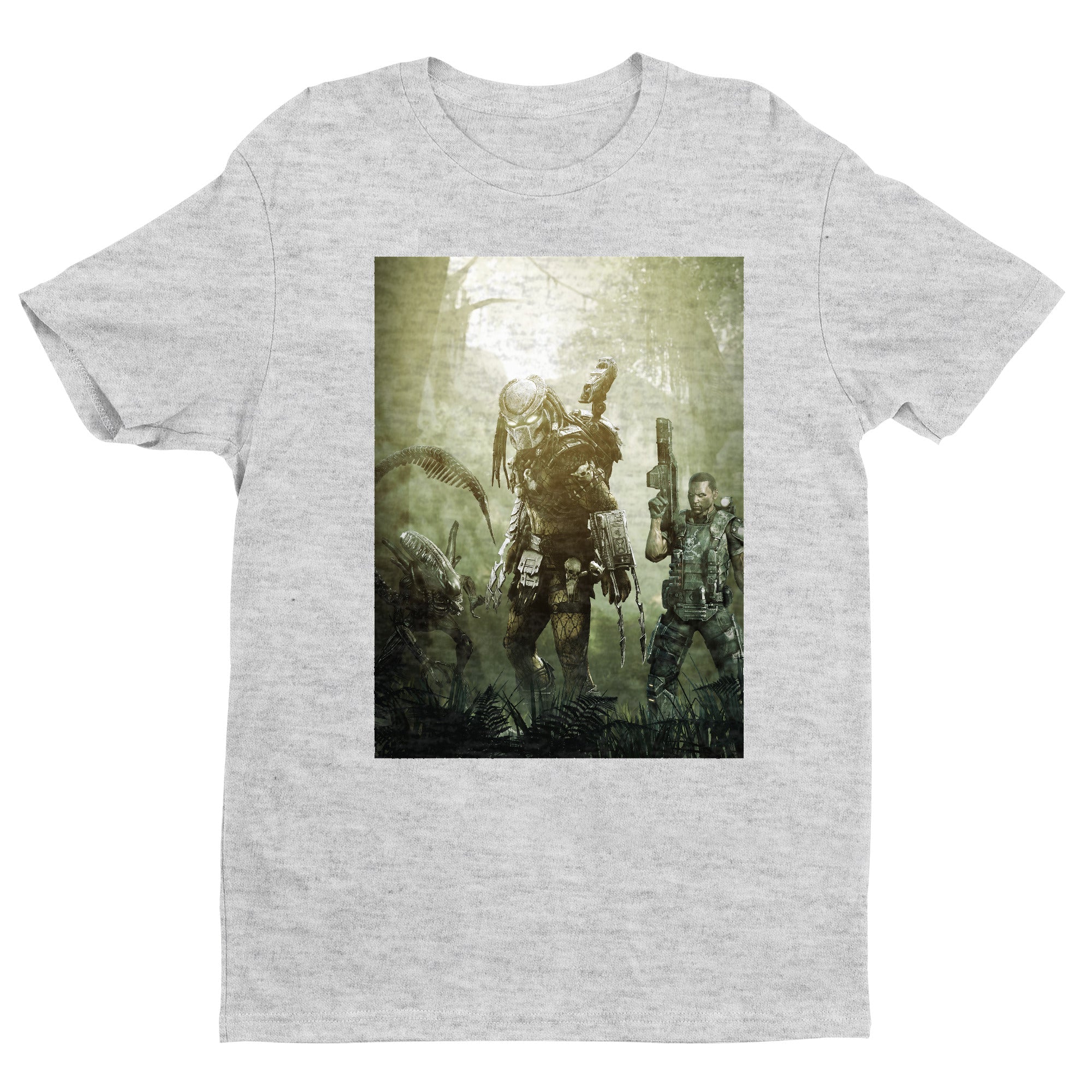 Aliens vs. Predator predator promo art tee — gray unisex t-shirt, front view