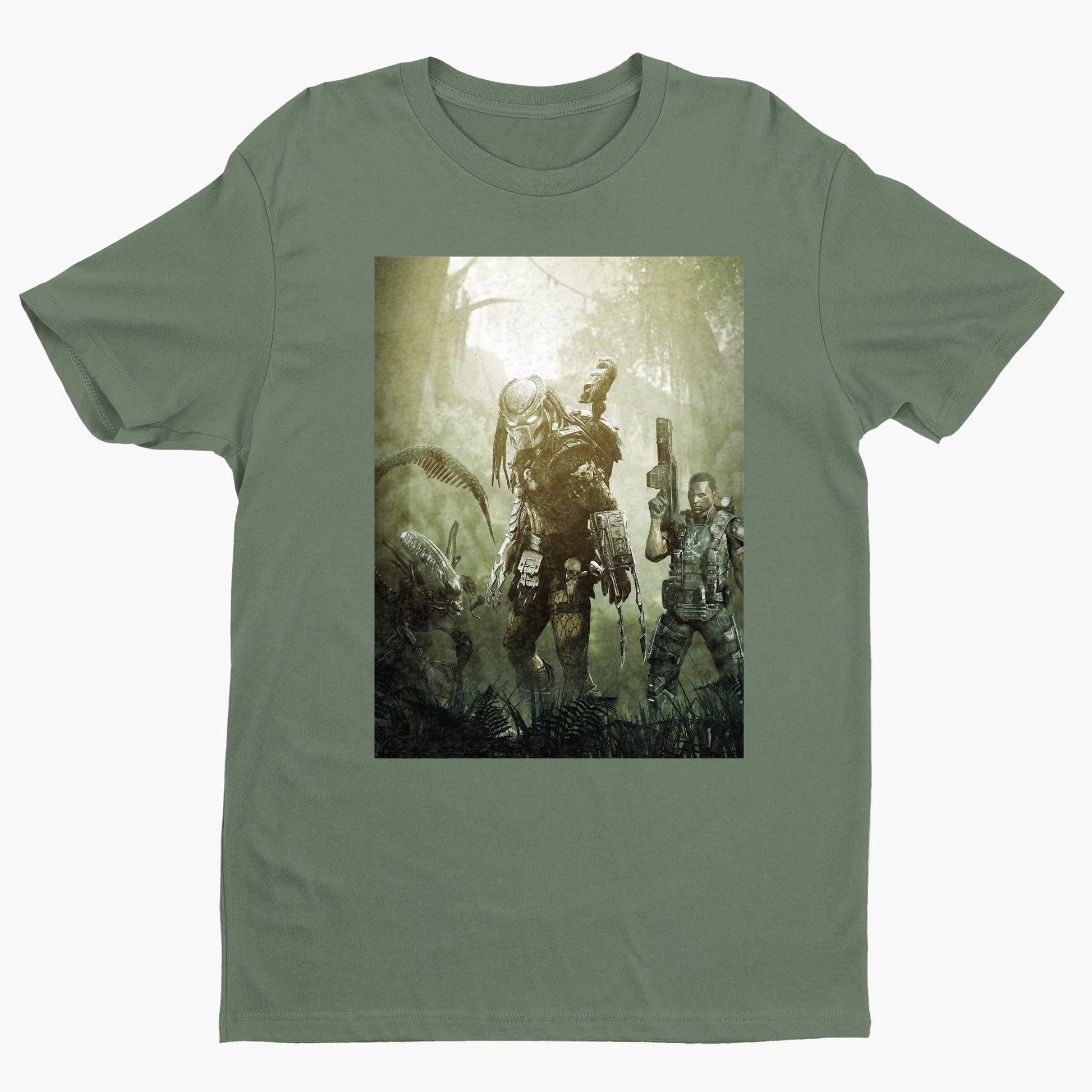 Aliens vs. Predator predator promo art tee — green unisex t-shirt, front view