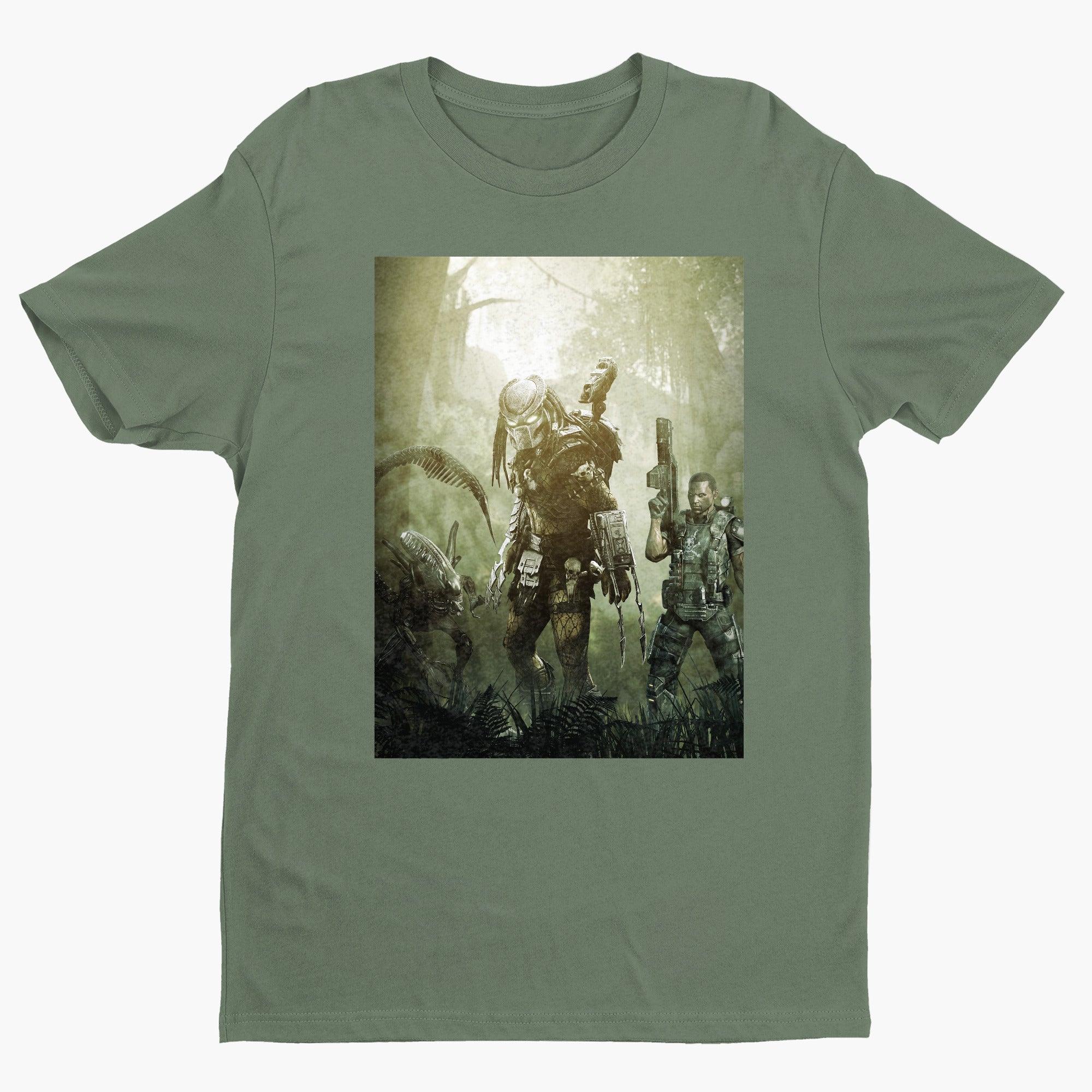 Aliens vs. Predator predator promo art tee — green unisex t-shirt, front view