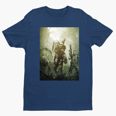 Aliens vs. Predator predator promo art tee — navy unisex t-shirt, front view