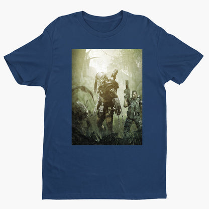 Aliens vs. Predator predator promo art tee — navy unisex t-shirt, front view