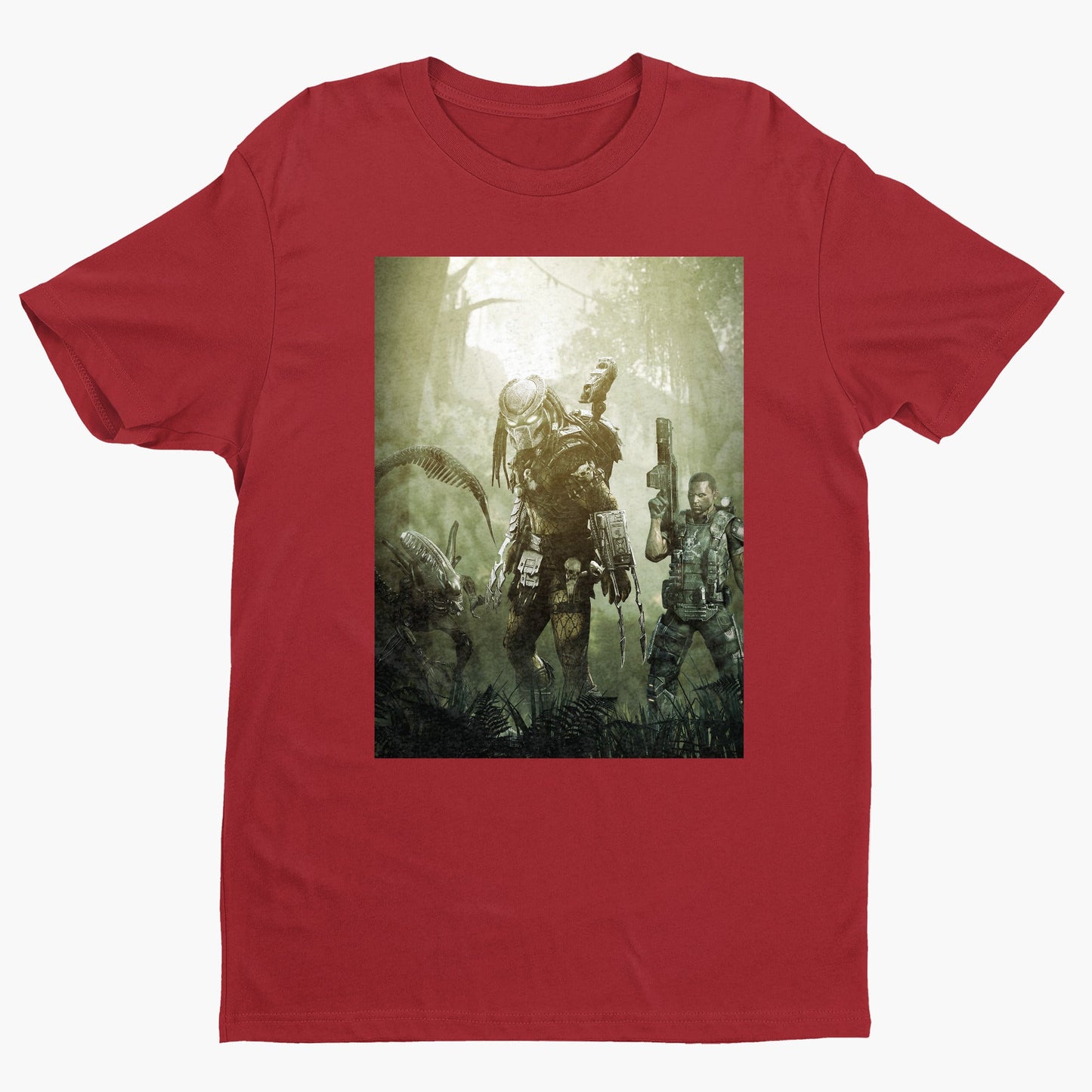 Aliens vs. Predator predator promo art tee — red unisex t-shirt, front view