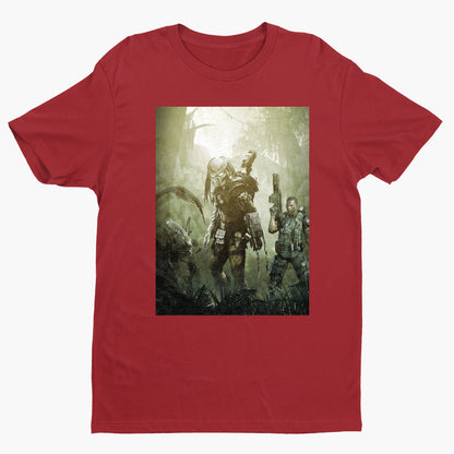 Aliens vs. Predator predator promo art tee — red unisex t-shirt, front view