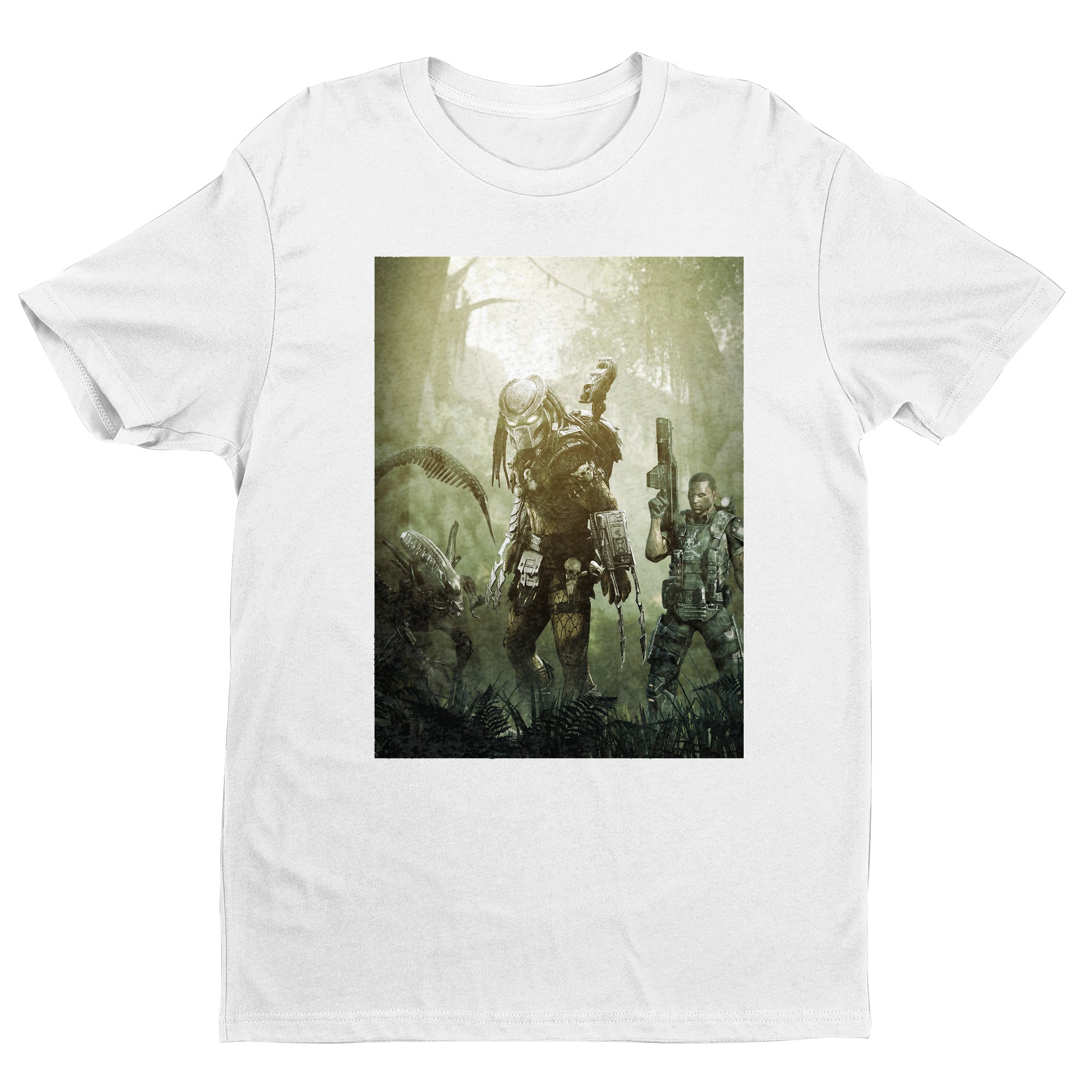 Aliens vs. Predator predator promo art tee — white unisex t-shirt, front view