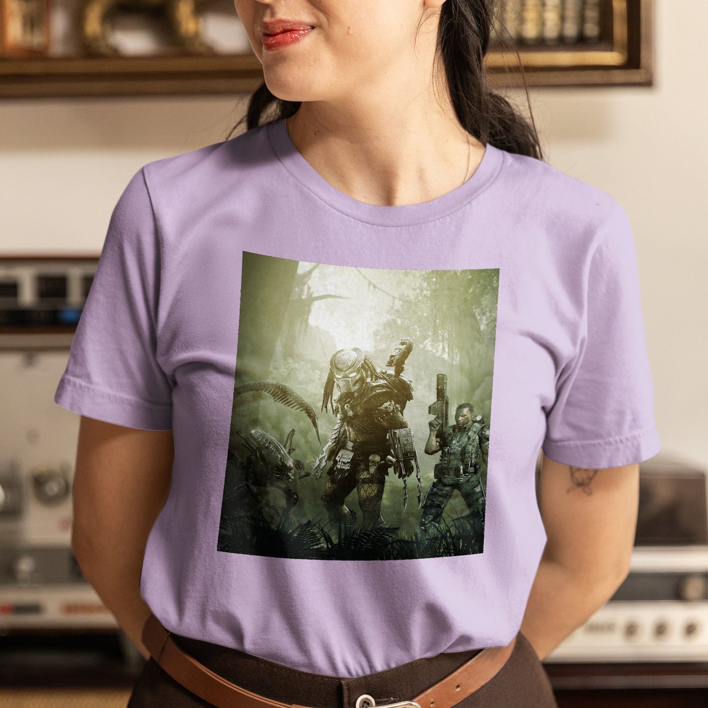 Aliens vs. Predator predator promo art tee worn by a model, violet