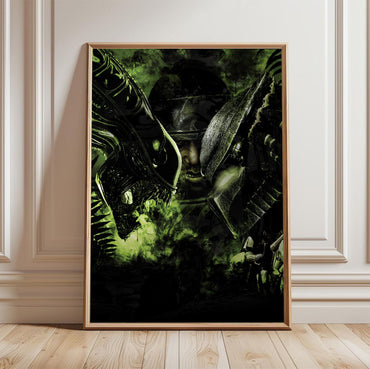 Aliens vs. Predator 2010 promotional art in a light oak frame leaning against a white wall