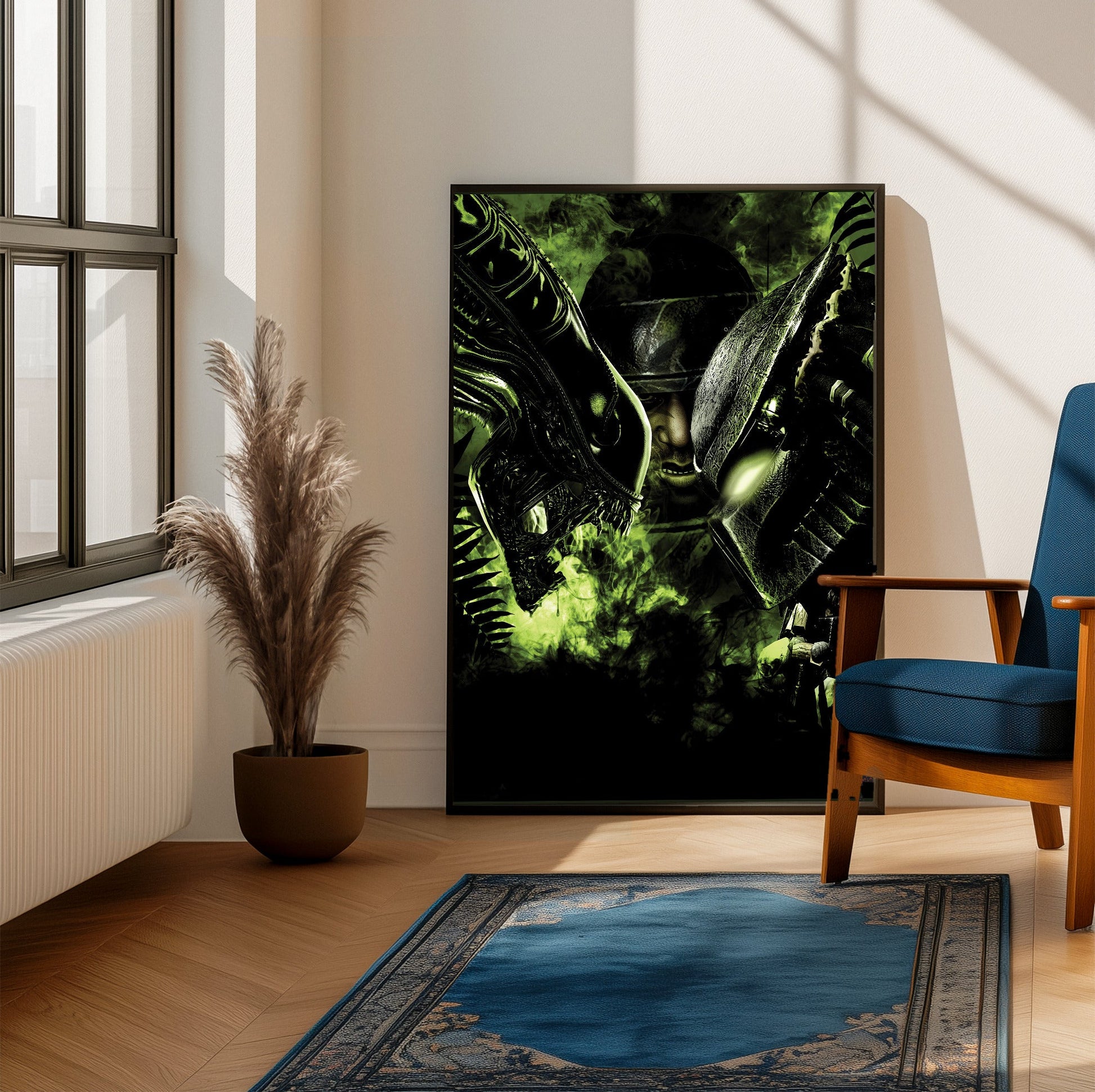 Aliens vs. Predator 2010 promotional art framed beside a blue armchair in a sunlit room