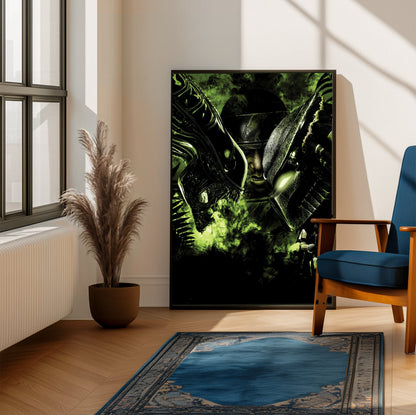 Aliens vs. Predator 2010 promotional art framed beside a blue armchair in a sunlit room