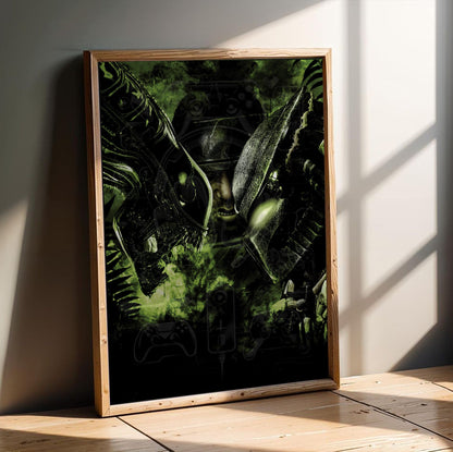 Aliens vs. Predator 2010 promotional art in an oak frame leaning on a wooden floor