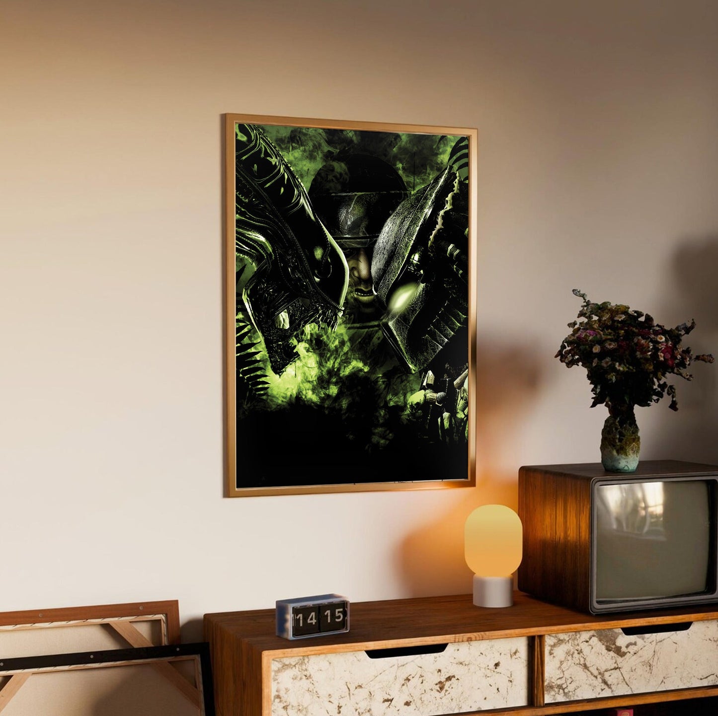 Aliens vs. Predator 2010 promotional art in an oak frame above a sideboard