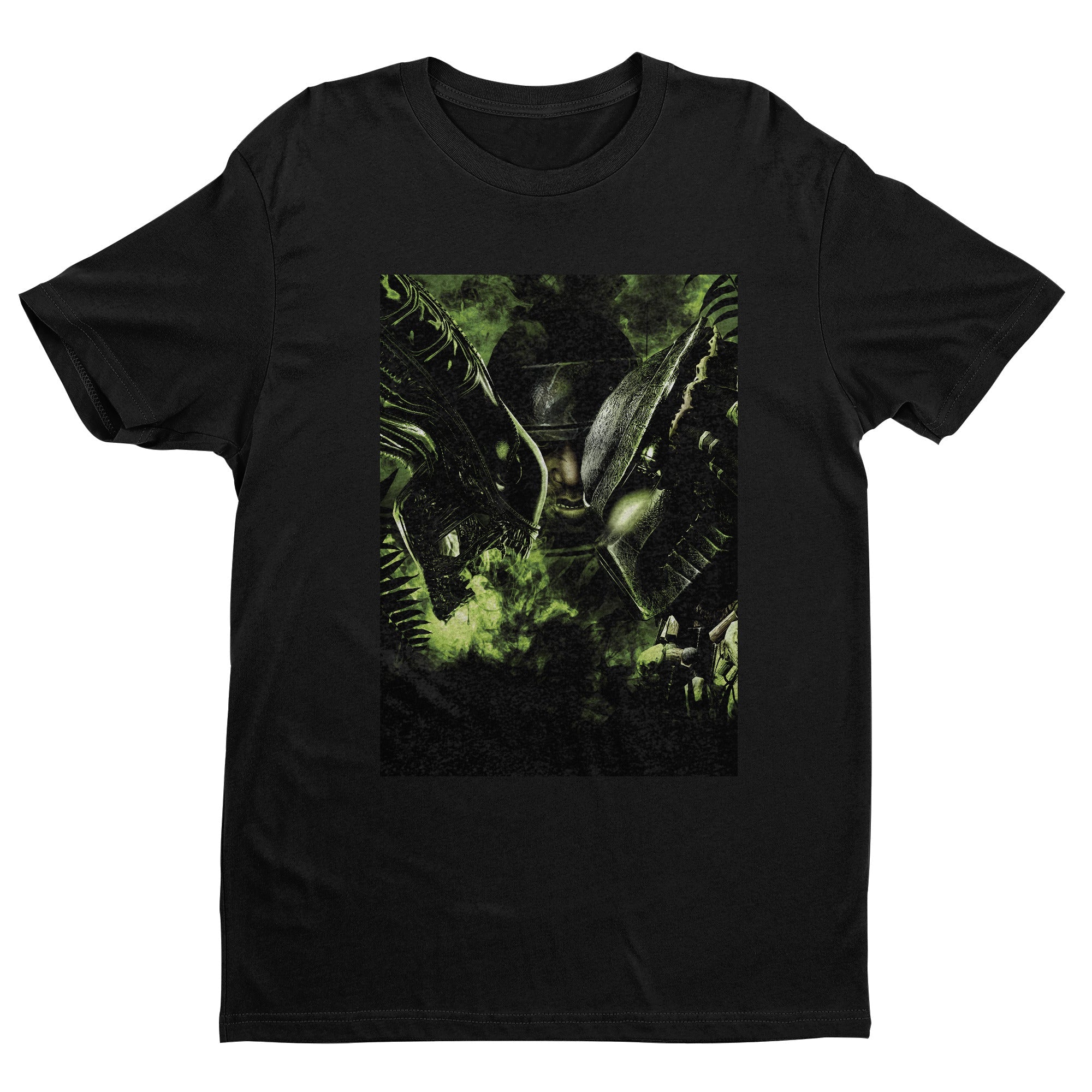 Aliens vs. Predator promotional art tee — black unisex t-shirt, front view