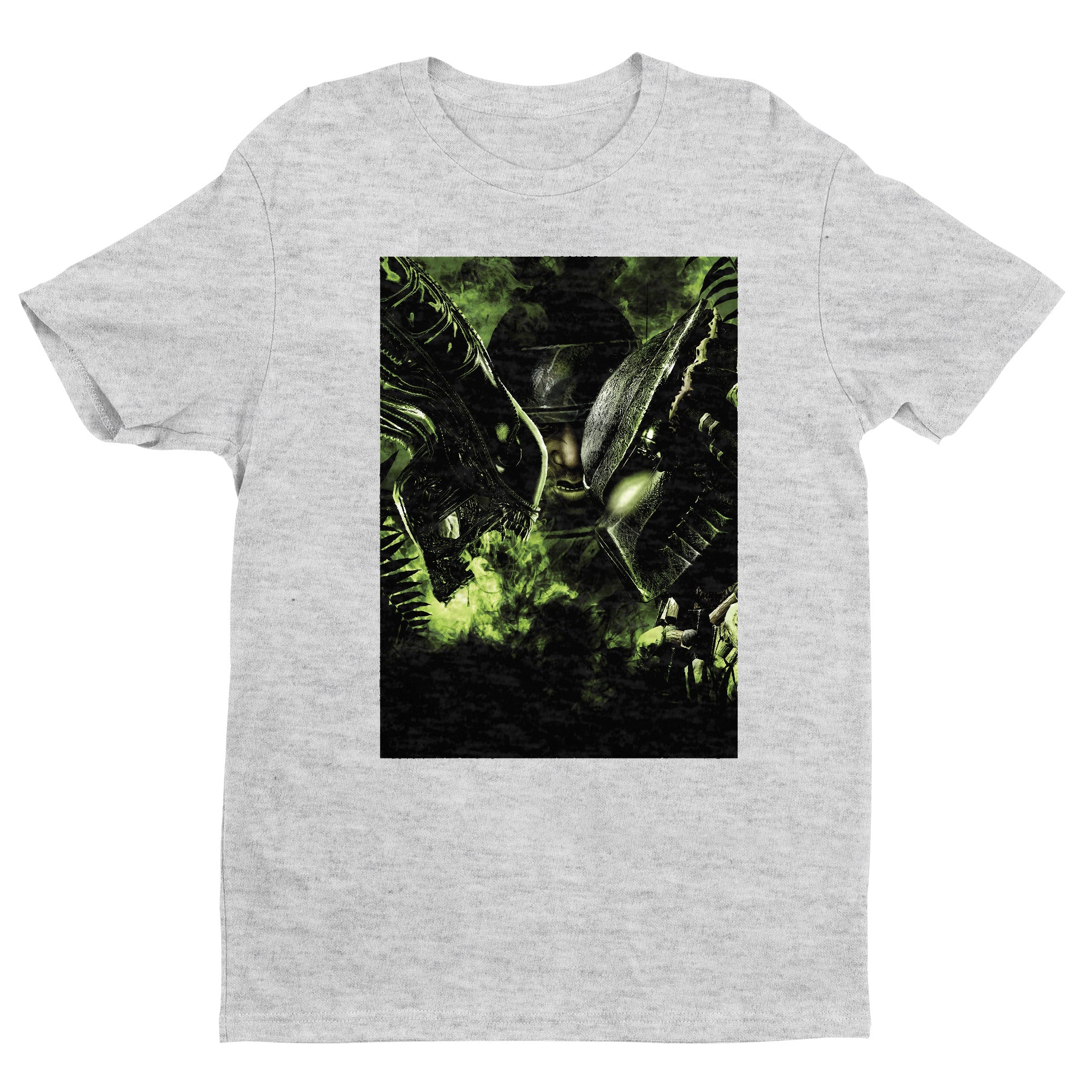 Aliens vs. Predator promotional art tee — gray unisex t-shirt, front view