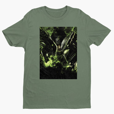 Aliens vs. Predator promotional art tee — green unisex t-shirt, front view