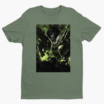 Aliens vs. Predator promotional art tee — green unisex t-shirt, front view