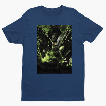 Aliens vs. Predator promotional art tee — navy unisex t-shirt, front view
