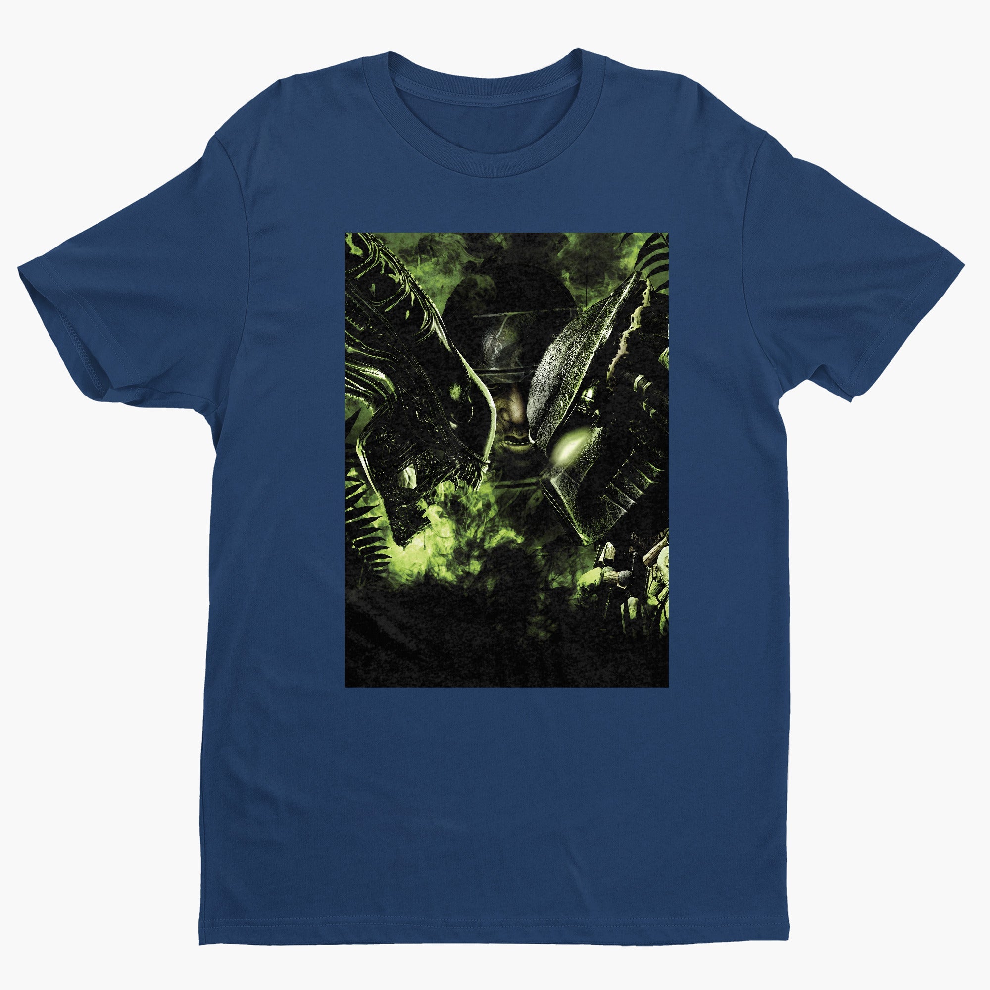 Aliens vs. Predator promotional art tee — navy unisex t-shirt, front view