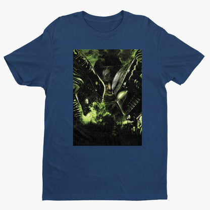 Aliens vs. Predator promotional art tee — navy unisex t-shirt, front view