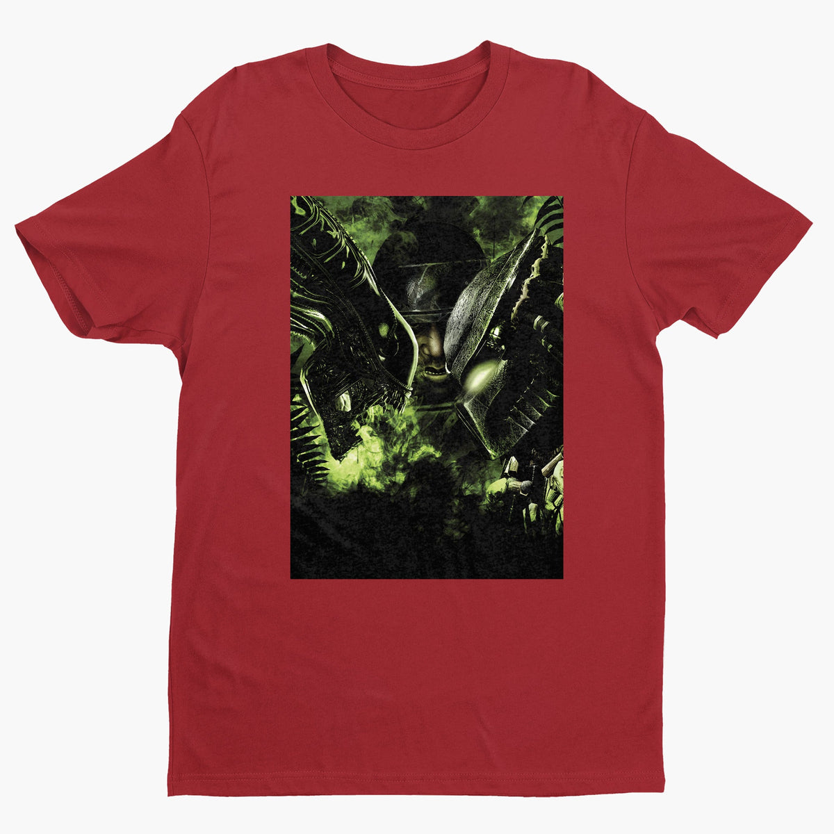 Aliens vs. Predator promotional art tee — red unisex t-shirt, front view