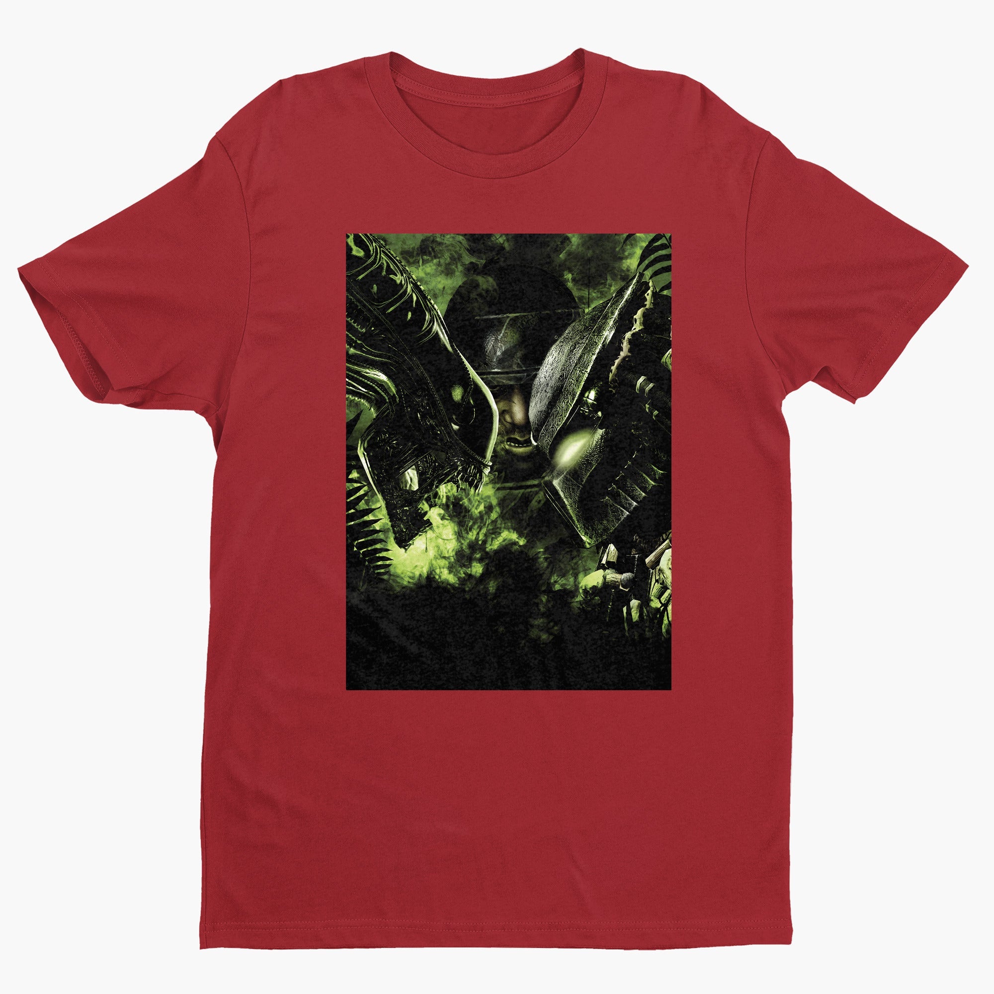 Aliens vs. Predator promotional art tee — red unisex t-shirt, front view