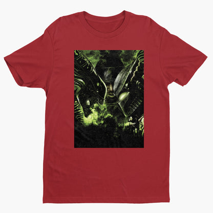 Aliens vs. Predator promotional art tee — red unisex t-shirt, front view