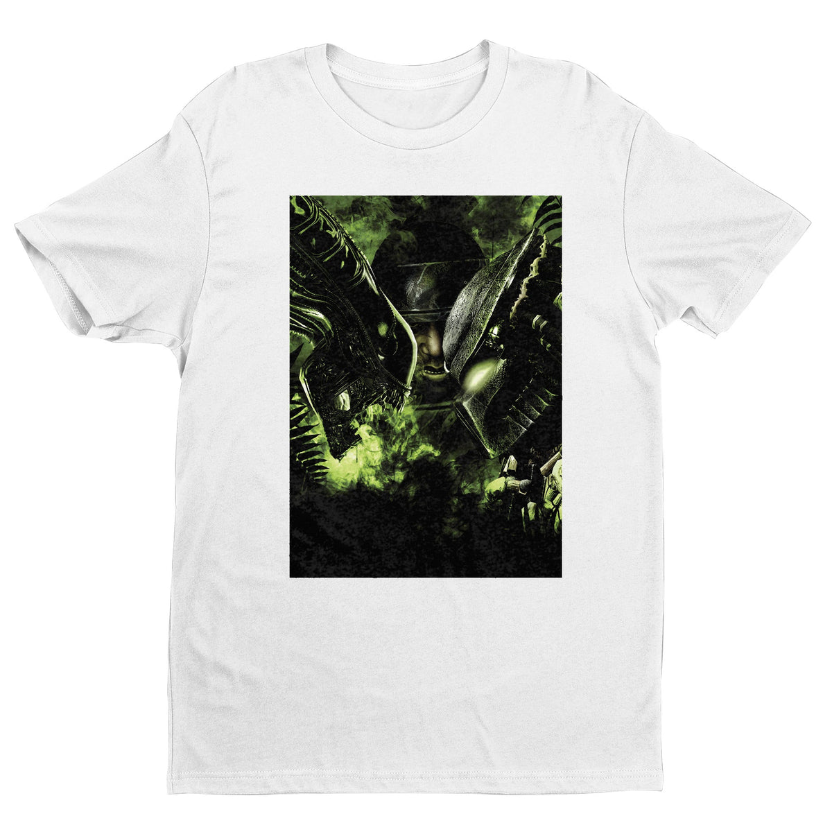 Aliens vs. Predator promotional art tee — white unisex t-shirt, front view